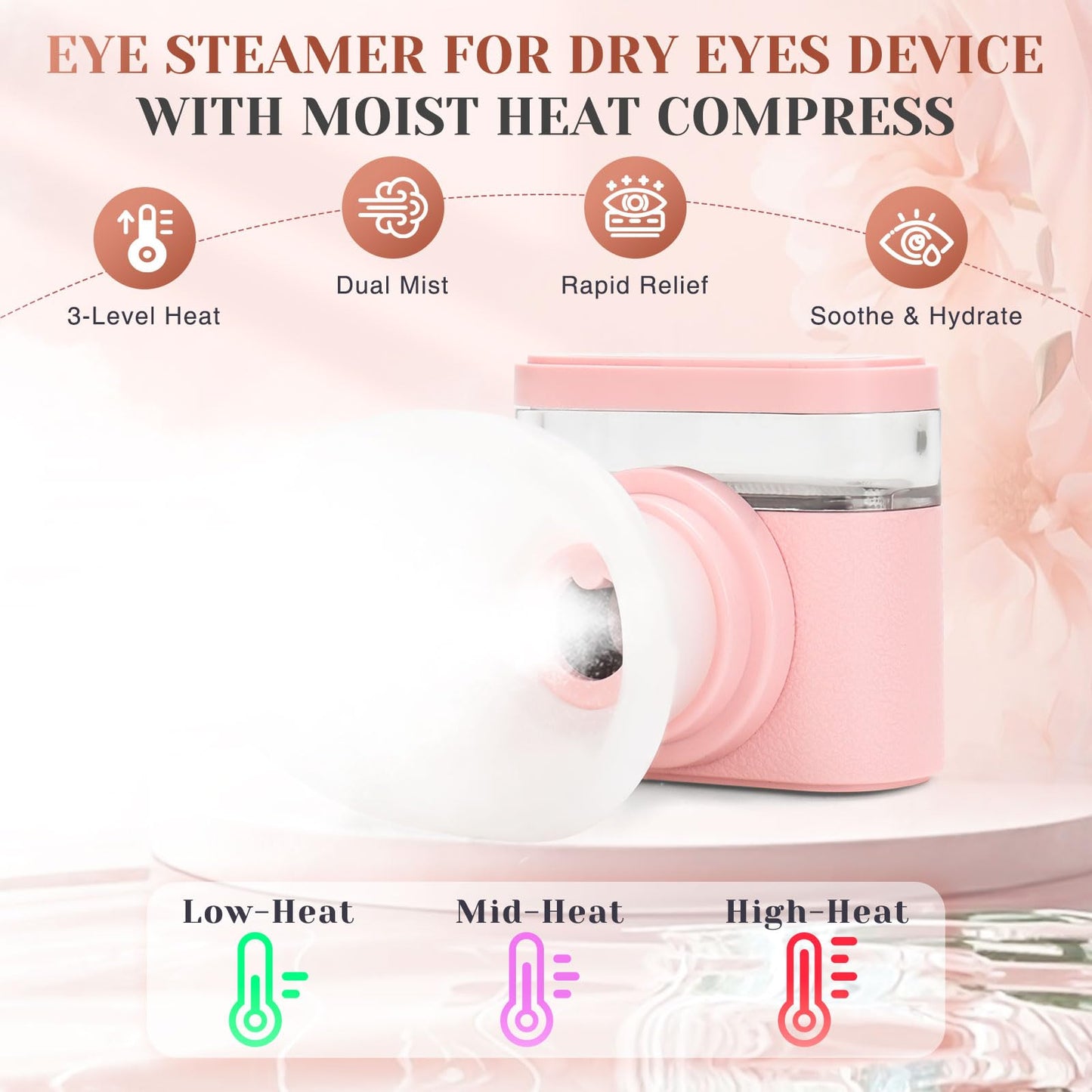 JEPIU Portable Heated Eye Steamer for Dry Eyes - 3 Heat Settings, Warm Moist Heat Therapy to Restore Natural Tears, Dry Eye Relief Sprayer (Pink)