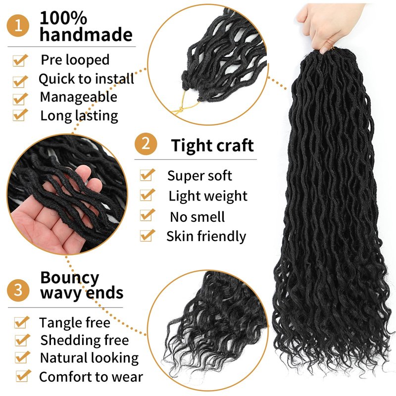 Goddess Locs Crochet Hair 24 Inches 6 Packs Pre Looped Faux Locs Crochet Hair For Women Soft Bohemian Crochet Faux Locs With Curly Ends(1B, 24 Inch, 6 Packs)