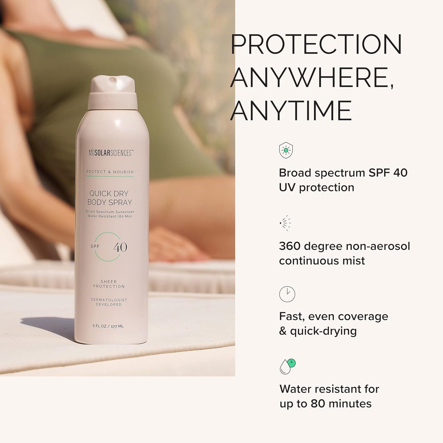 MDSolarSciences Quick Dry Body Spray SPF 40 - Water-Resistant Sunscreen with Antioxidants | 6 Fl Oz