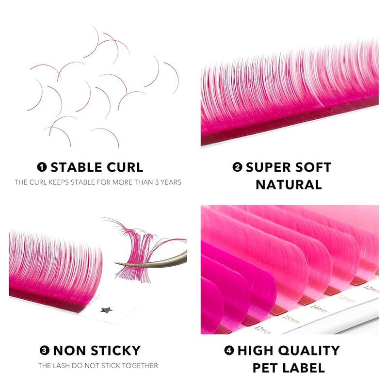 Colored Lash Extensions - 16 Rows Cashmere 0.07 D Curl | 12mm Pink Gradient for Professionals