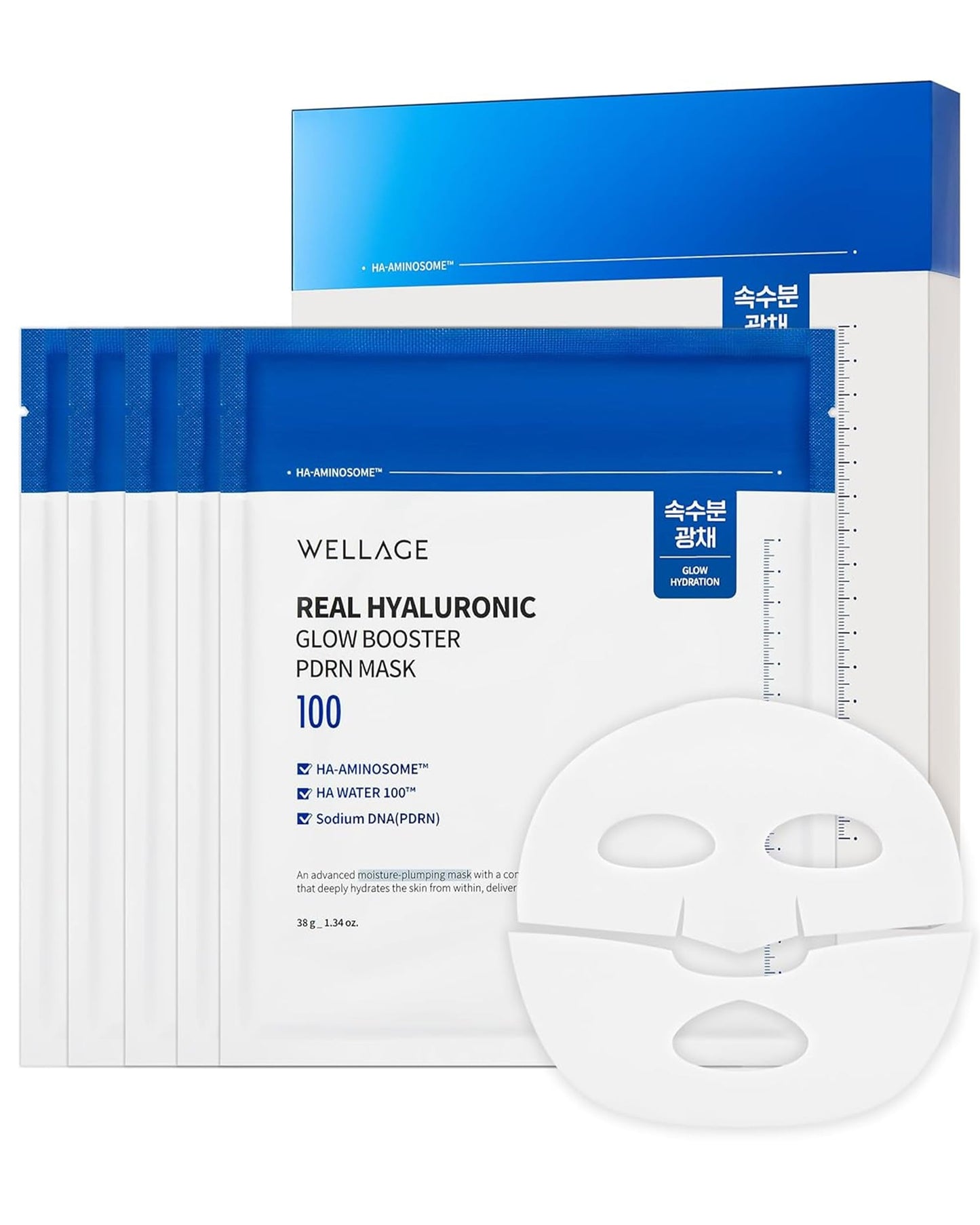 WELLAGE Real Hyaluronic Glow Booster PDRN Hydrogel Face Sheet Mask - Over night Face Masks for Deep Moisture Plumping and Radiant Skin - Korean Skincare, 5 Sheets