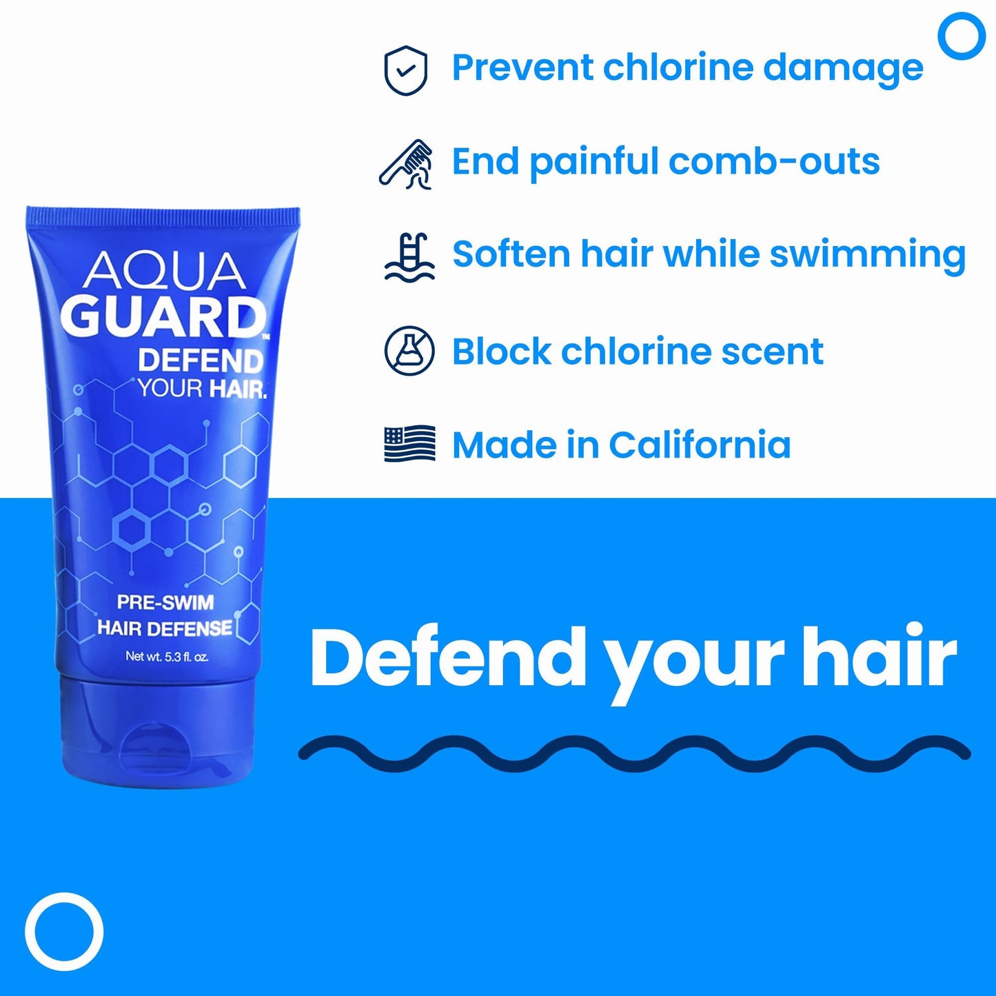 AQUA GUARD Pre-Swim Hair Defense | Protect Hair Before You Swim | Prevents Chlorine Damage + Softens Hair While Swimming | Made in California | Color Safe, Leaves Hair Smelling Great | 5.3 oz