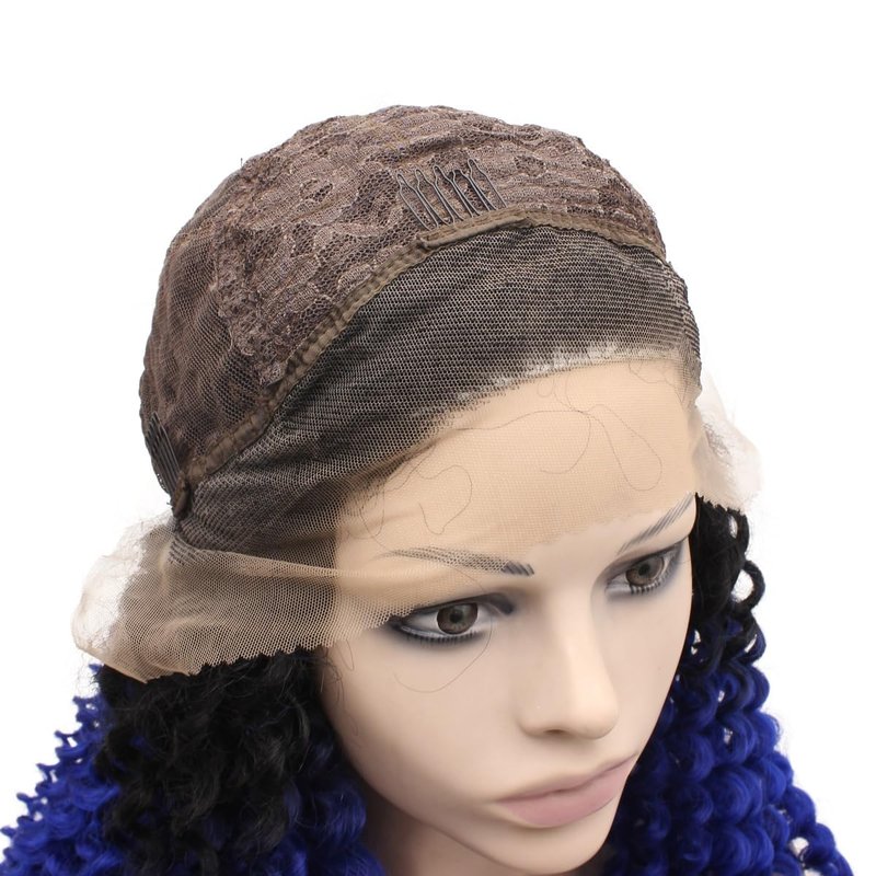 MX angel Long Curly Ombre Blue Wig Frontal Lace Wig Heat Resistant Synthetic Hair Lace Front Wig