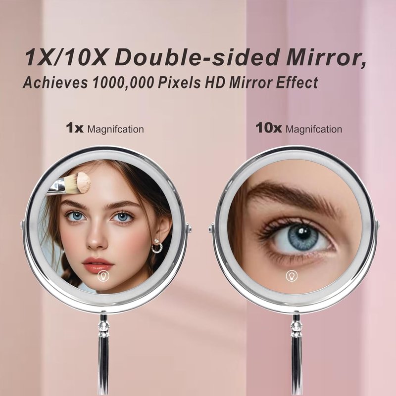 Makeup Mirror with Lights - 8 Inch 1X/10X Double-Sided Magnifying | 360° Rotation, Adjustable Brightness, 3 Colors