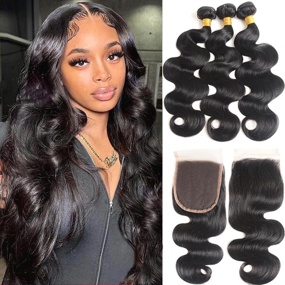 Bundles with Closure Human Hair Body Wave 10 10 10+10 Inch 100% Unprocessed Brazilian Virgin Human Hair 3 Bundles with Closure Human Hair Extensions with 4x4 Free Part Lace Closure Natural Black