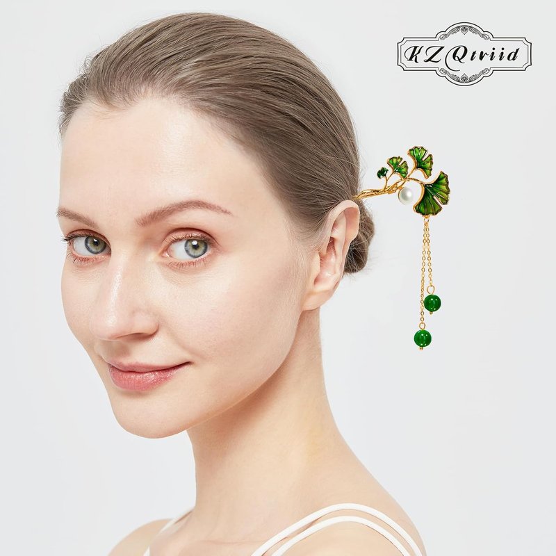 Vintage Ginkgo Leaf Hair Stick - 14k Gold Plated Copper with Enamel & Jade Beads | 6.69-Inch Hair Clip for Women