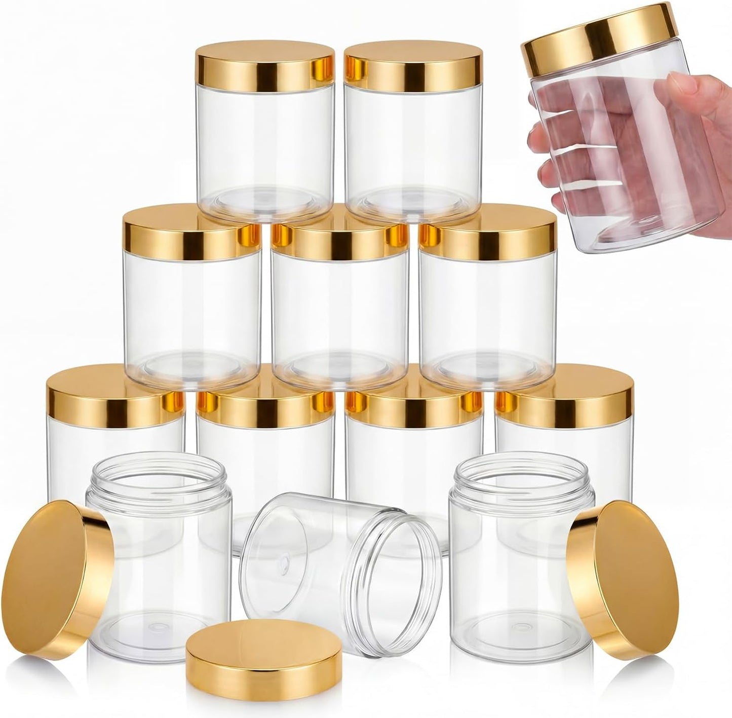 Satinior 16 oz Plastic Container Jars - Clear Travel Cosmetic Storage for Toiletries, Lotion, Cream | 12 Pack, Gold