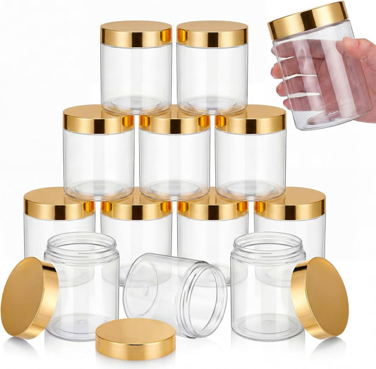 Satinior 16 oz Plastic Container Jars - Clear Travel Cosmetic Storage for Toiletries, Lotion, Cream | 12 Pack, Gold