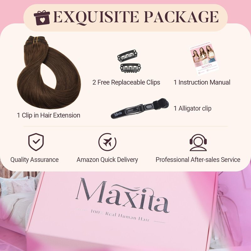 MAXITA Clip in Hair Extensions Real Human Hair,Remy Hair Extensions Clip ins Double Weft for Women,Natural Real Human Hair,16Inch 120g 7Pcs,Chocolate Brown