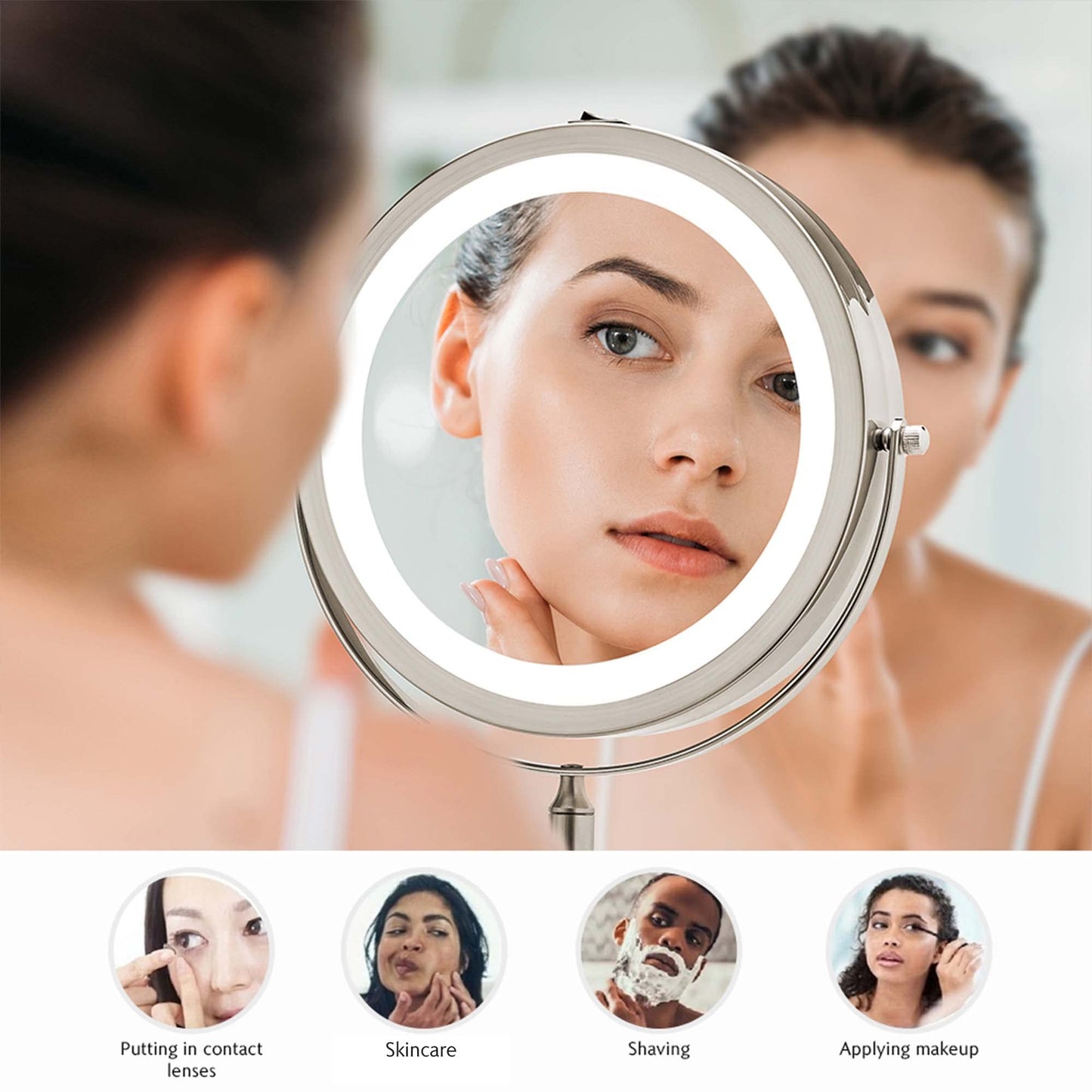 OVENTE Wall Mounted Lighted Makeup Mirror, 9" Double Sided 1X/7X Magnifying Vanity Mirror for Bathroom with LED Lights, Cordless, 360° Rotation and 13" Extendable Arm, Nickel Brushed MFW85BR1X7X