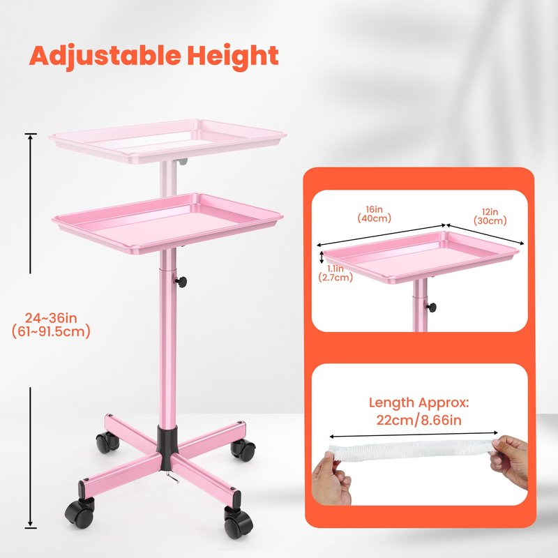 TASALON Rolling Salon Service Cart with Tray Top, Height Adjustable, Aluminum Rolling Tray Trolley for Salon Essentials, Adjustable Heightfor Hairstylist Tray 10 PCS Disposable Salon Tray Cover,Pink