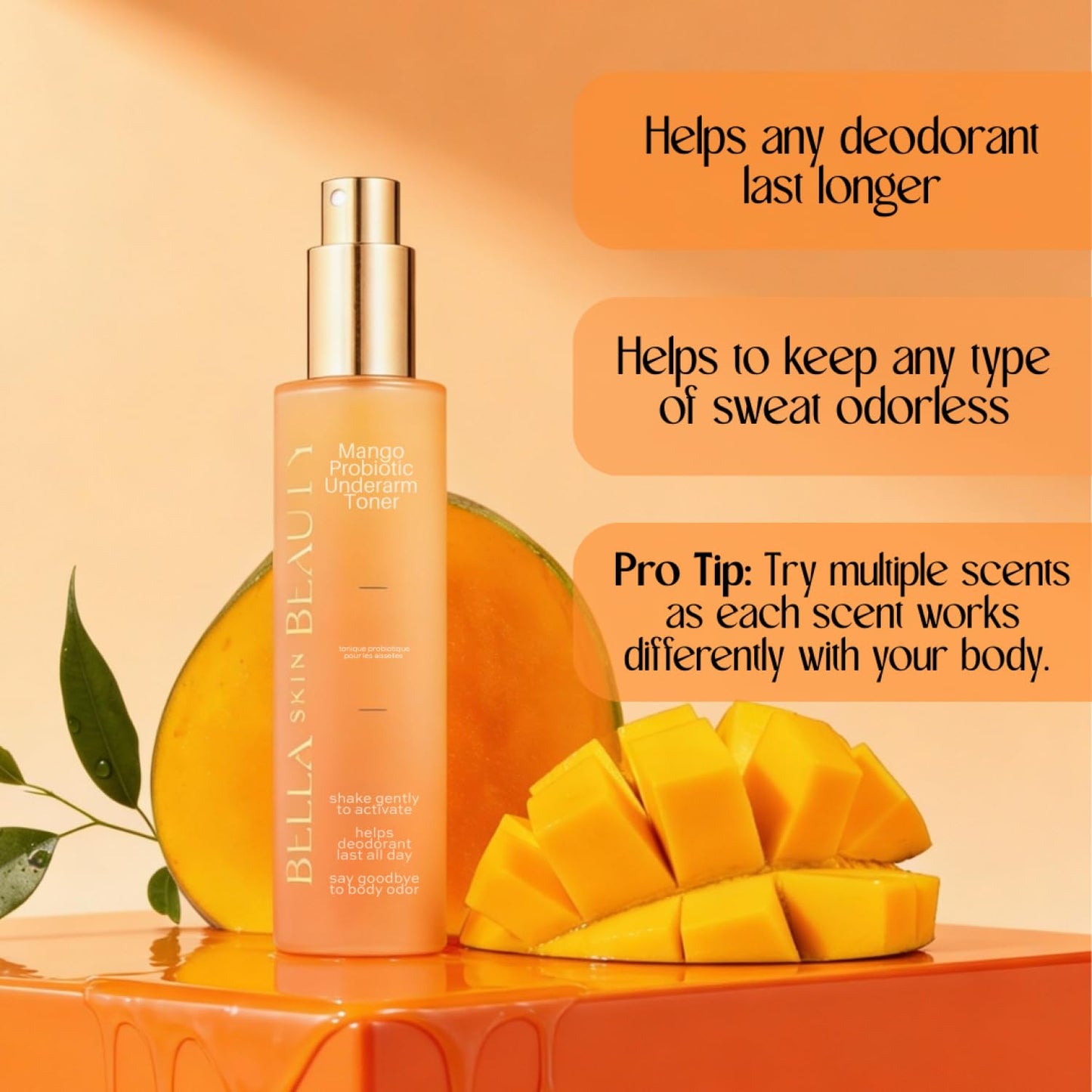 Bella Skin Beauty Deodorant Enhancer® Probiotic Underarm Toner - Mango - Patented Pre-Deodorant Spray That Helps Deodorants Last Longer and Helps Sweat Stay Odorless - Underarm Spray, Wipe, Apply