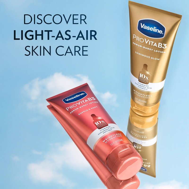Vaseline Lotion, Pro VitaB3 Serum-Boost, Luminous Glow + Supple & Soft Variety 4-Pack – Weightless Hydration with Niacinamide and Hyaluronic Acid, 7.5 Oz Ea