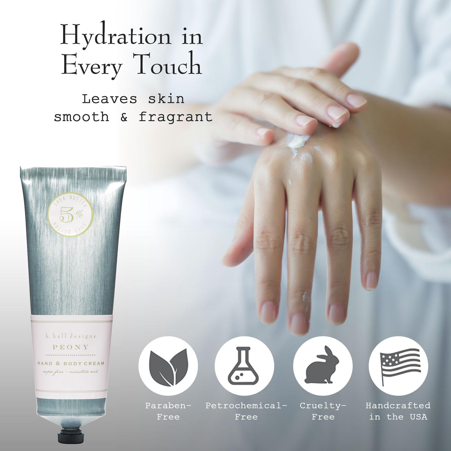 K. Hall Designs Peony Hand & Body Cream, Peaceful Peony Scent with Watery Notes, Shea Butter Lotion for Men & Women, Relieves Dry Skin & Cracked Hands, 3.4 fl oz
