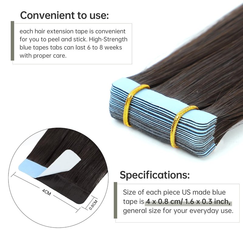 Tape In Hair Extensions - 100% Real Human Hair, Straight Dark Brown - 20 Inch, 50g, Seamless Weft for Women