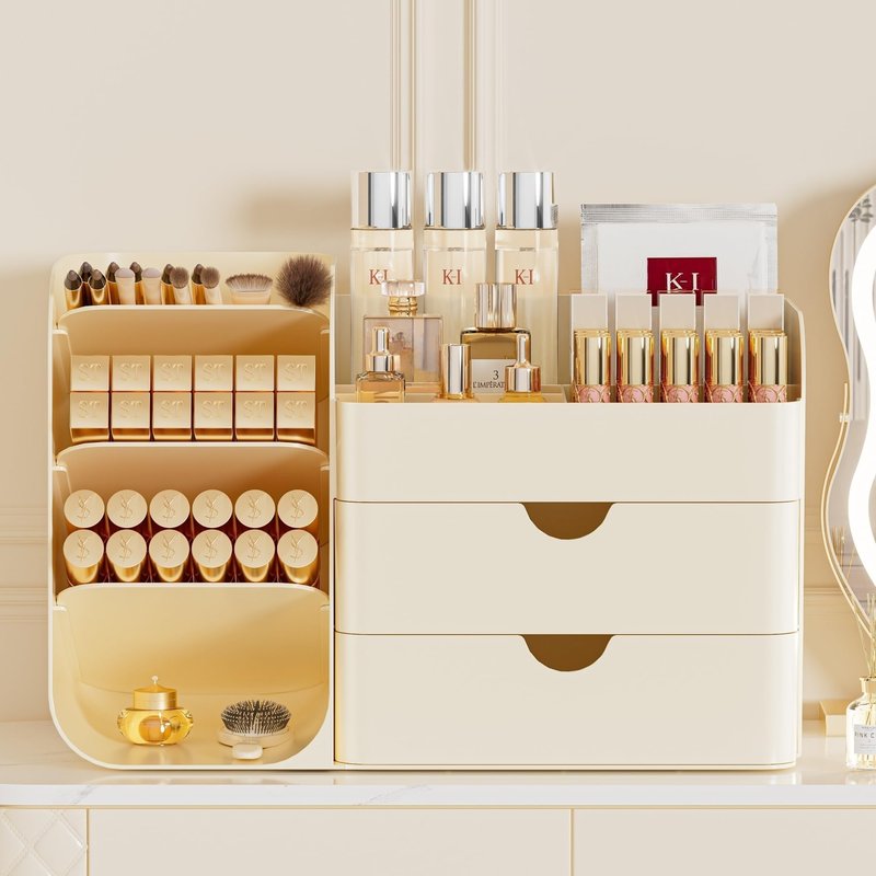 KQJS Makeup Organizer with Drawers,Large Capacity Countertop Organizer for Vanity,Bathroom and Bedroom Desk Cosmetics Organizer,Easy To Storage Skincare,Brushes,Lotions,Lipstick (All Cream)