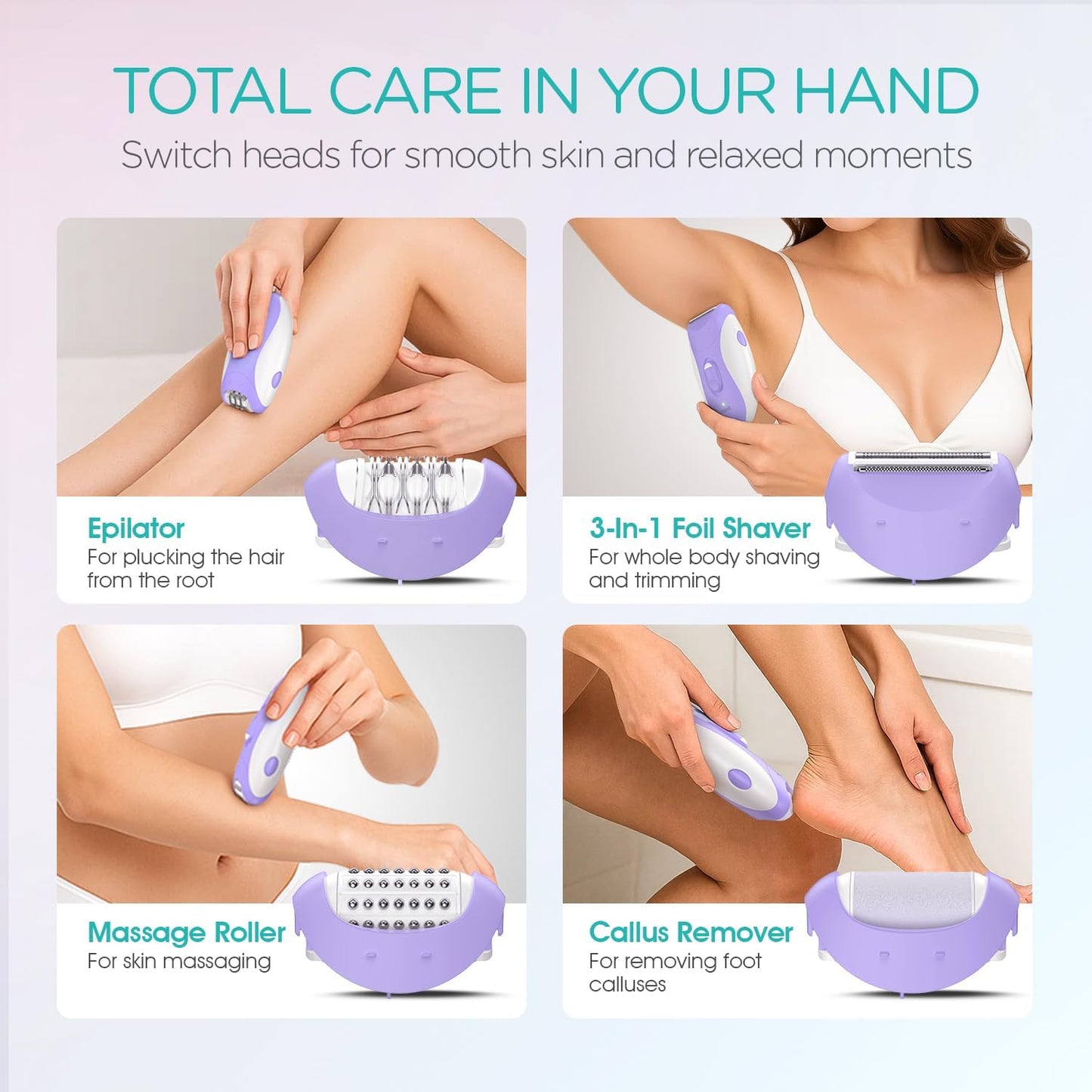 Epilator for Women - Cordless 4-in-1 Hair Removal Device with 21 Tweezers | Purple HR310