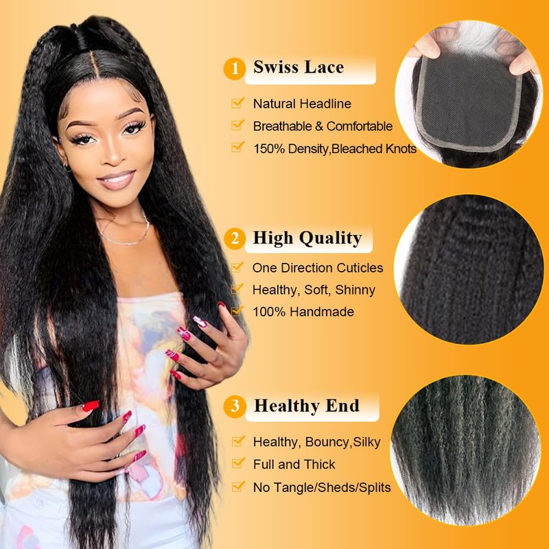 QTHAIR 18A Kinky Straight 4x4 HD Lace Closure 16" Curly Human Hair Lace Closure150% Density Top Swiss Lace Natural Kinky Straight Human Hair Closure Pre Plucked Natural Hairline with Baby Hair