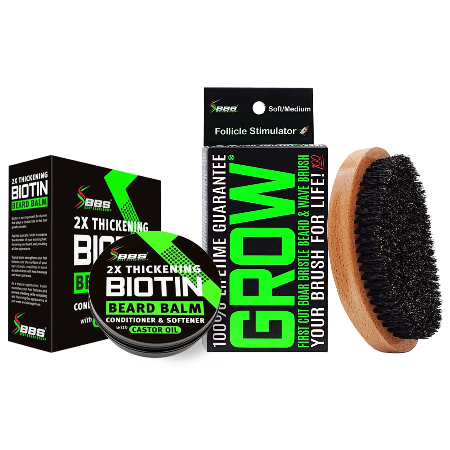 Beard Growth Kit w/ 100% Lifetime Replacement First Cut Boar Bristle Brush/Beard Brush for Men + 2X THICKENING Biotin Mustache Wax, Conditioner, and Softener - Formulated in America