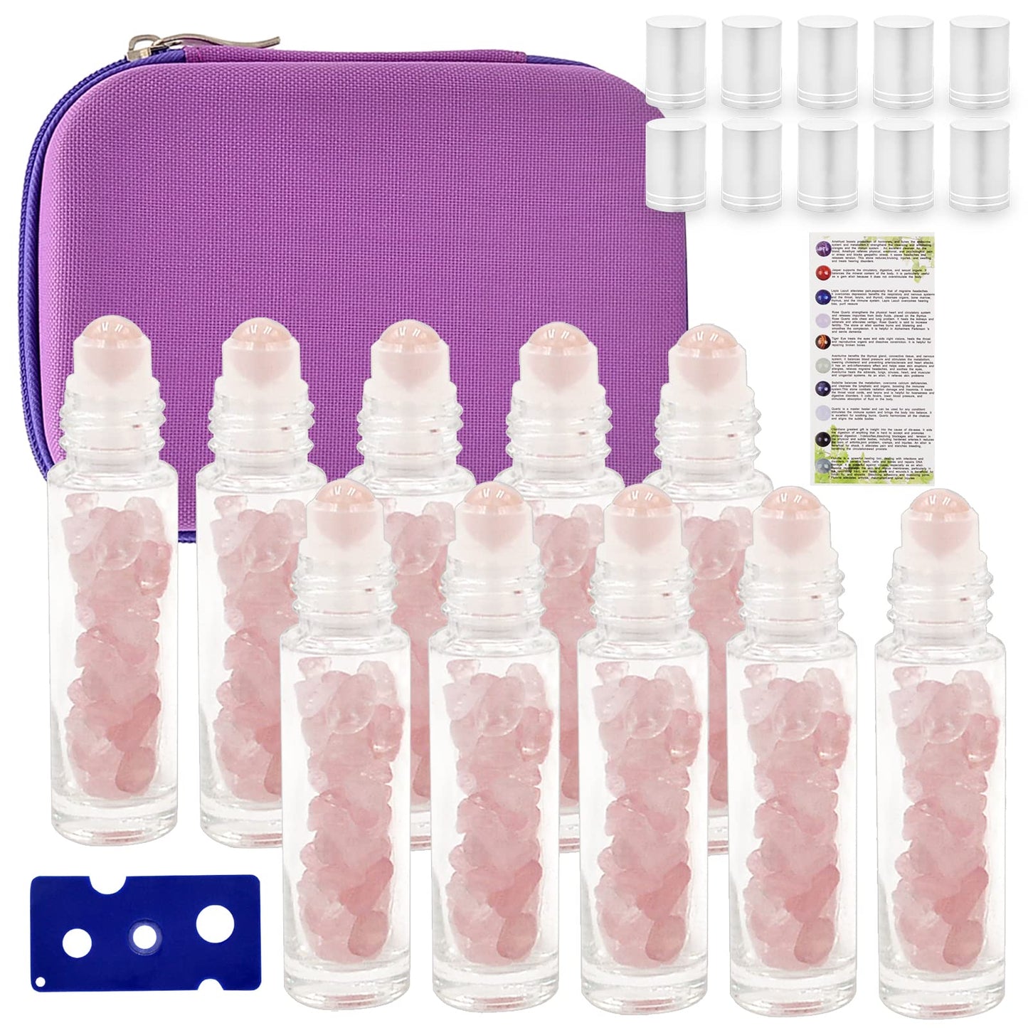 Essential Oil Roller Bottle 10ml w EVA Carrying Travel Case（Clear Glass Bottle with silver Cap、10pack、Gemstone Roller Balls、Healing Crystal Chips Inside、Opener)Gemstone Roller Ball Bottles