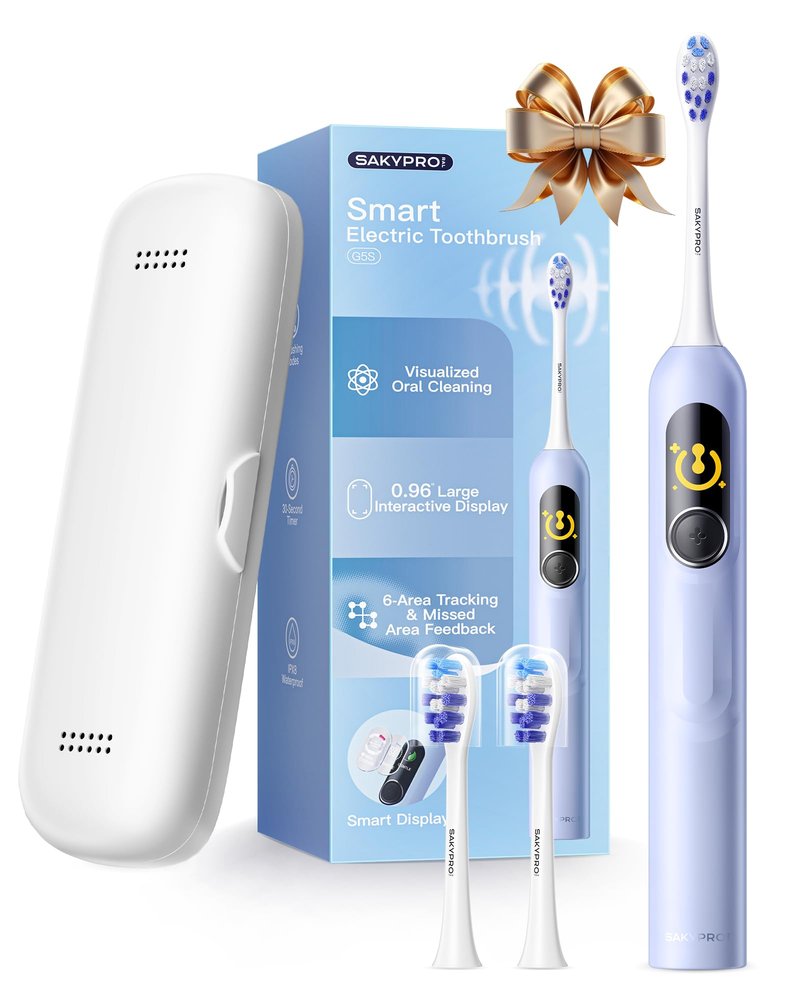 SAKYPRORAL Kids Electric Toothbrush for Boys Teens (6-15Y), Smart Screen with Brushing Score, Soft Bristles, Visual Timer for Braces, 150 Days Battery with Travel Case (Blue)