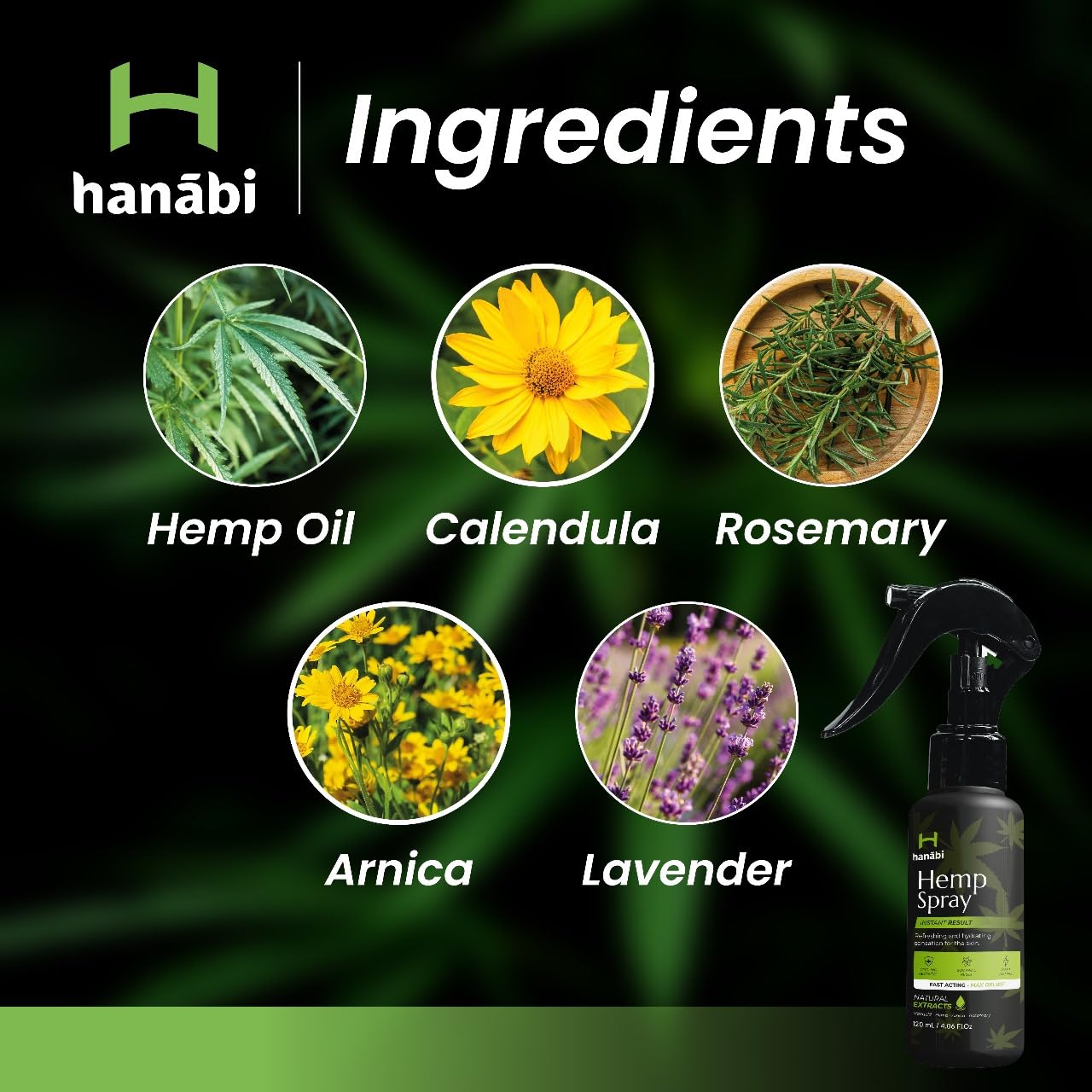 Hanábi Premium Hemp Spray | Maximum Strength 10,000mg Hemp Oil Infused | Better Than Hemp Cream | GMO Free | Hemp Seeds Oil, Calendula, Lavender & Arnica | Organic & Vegan Relife - 4.1 Oz