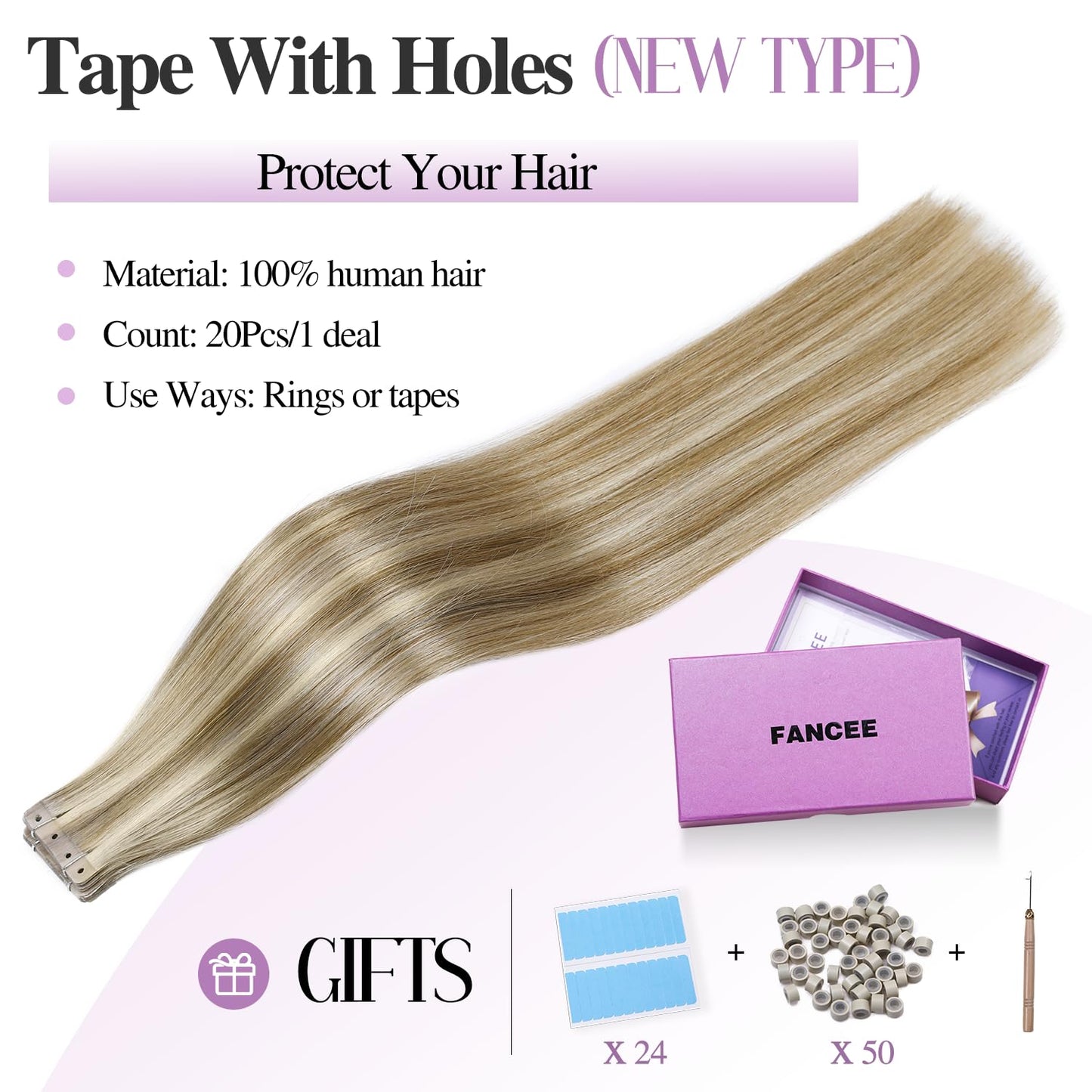 FANCEE OVO Hair Extensions Real Human Hair PU Holes Wefts with Micro Beads Blonde Highlight Volume Upgrade Butterfly Seamless Weft Invisible Beaded Hair Extension with Tools(40g 20Pcs, 14 Inch)