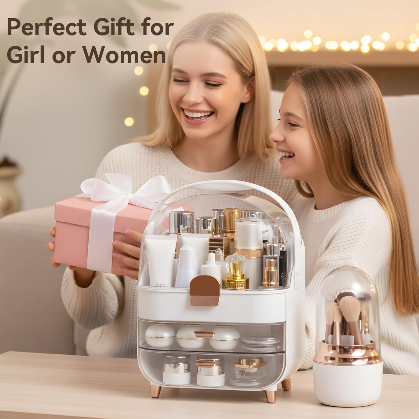 Makeup Organizer for Vanity with Brush Holder, Lid and 2 Drawers, Rose Gold
