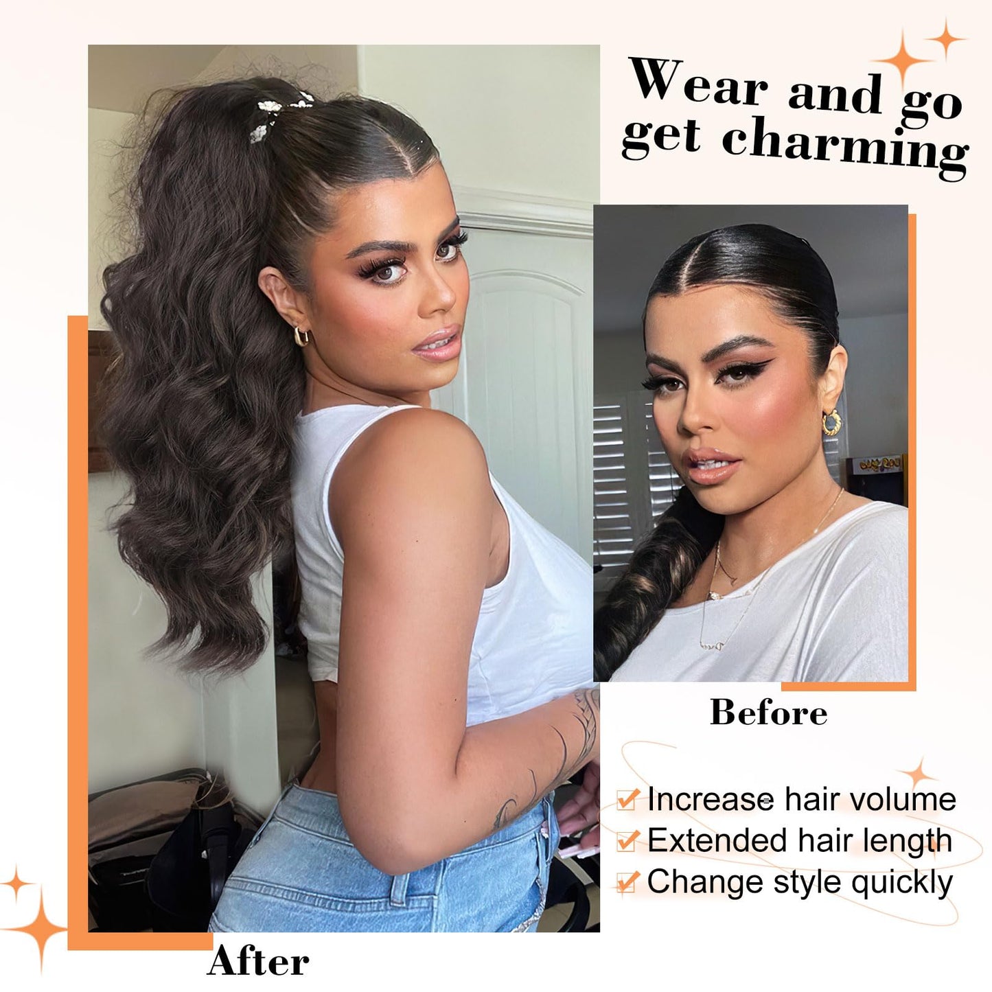 Stamped Glorious Black Ponytail Extension-22 Inch Long Body Wave Pony Tail Hair Extension,Drawstring Ponytail for Women,Synthetic Hair Extension Ponytail(Color:Black)
