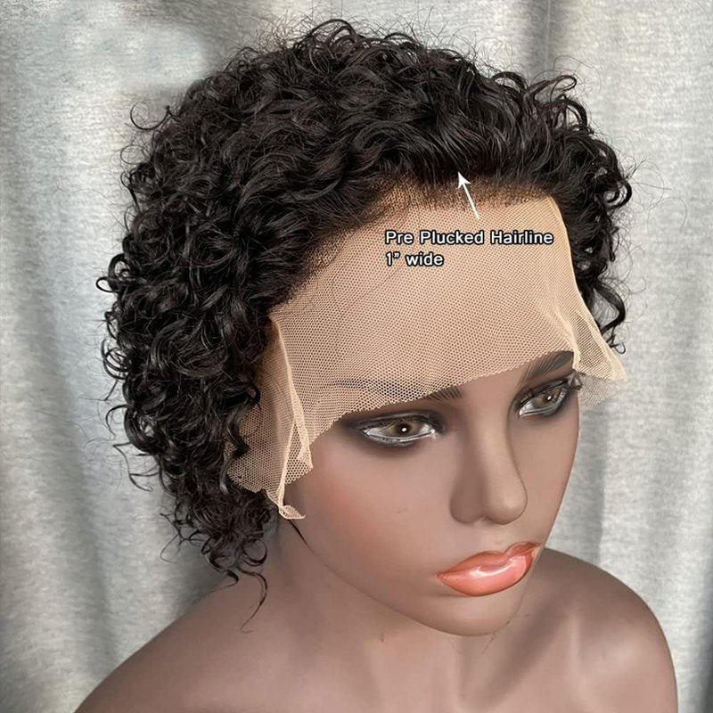 Pixie Cut Curly 13x1 Transparent HD Lace Front Wigs Human Hair Pre Plucked Hairline Short Curly Glueless Lace Front Wigs for Black Women Brazilian Virgin Hair 150% Density Natural Color 6 Inch