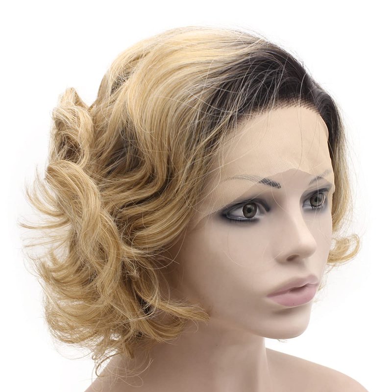 MX angel Dark Roots Blonde Short Curly Synthetic Hair Lace Front Wig Heat Resistant Fiber Hair