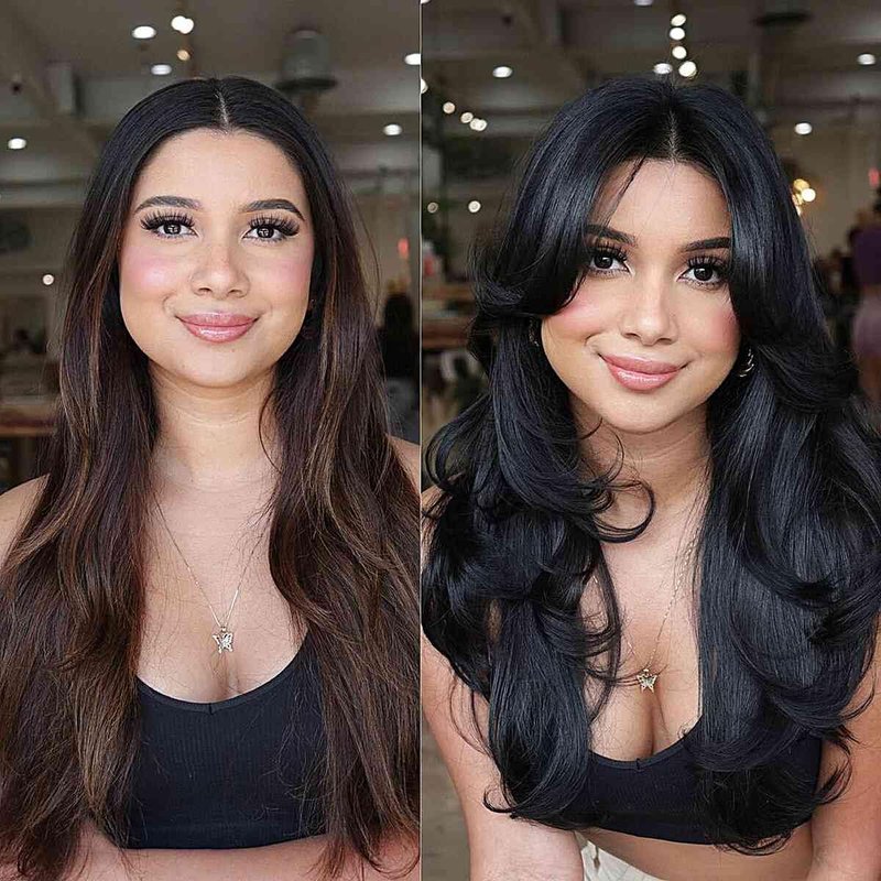 Aisaide Long Wavy Highlight Brown Layered Wig with Curtain Bangs for Black Women Synthetic Ombre Brown Layered Wig Long Wavy Highlight Blonde Shaggy for Women 24 inch