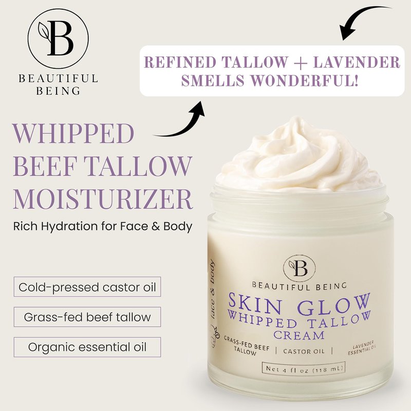 Beautiful Being SKIN GLOW - Grass-Fed Whipped Beef Tallow Natural Moisturizer Cream for Face & Body, Non-Toxic Ancestral Skincare for Dry & Sensitive Skin, Castor Oil Infused (LAVENDER, 4oz)