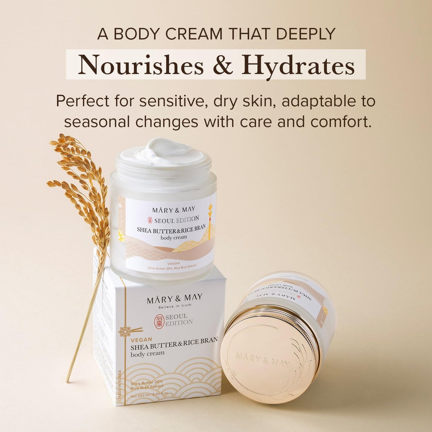 Mary&May SEOUL EDITION Shea Butter & Rice Bran Body Cream - Korean Vegan Boby Moisturizer for Dry and Sensitive Skin with Ceramide - Fragrance Free Body Butter, 8.45oz.