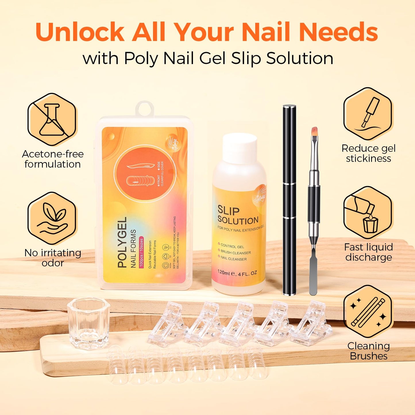 GELLAKTIK 100Pcs Nail Forms Kit, 10 Sizes Reusable Dual nail Forms for Poly Gel & Builder Gel, 120ml Slip Solution Liquid, 6 Clips, Dual-Ended Brush, Nail Art Cup, DIY Pedicure Kit for Beginners