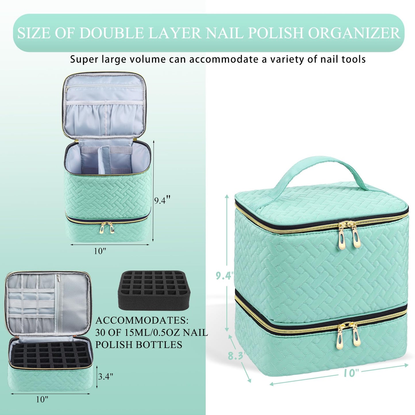 RZMAYIS Nail Polish Organizer, Nail Polish Storage Holds 30 Bottles & Nail Lamp, Double Layer Nail Bag Organizer Case, Portable Nail Polish Holder for Nail Tech Travel & Manicure Kit