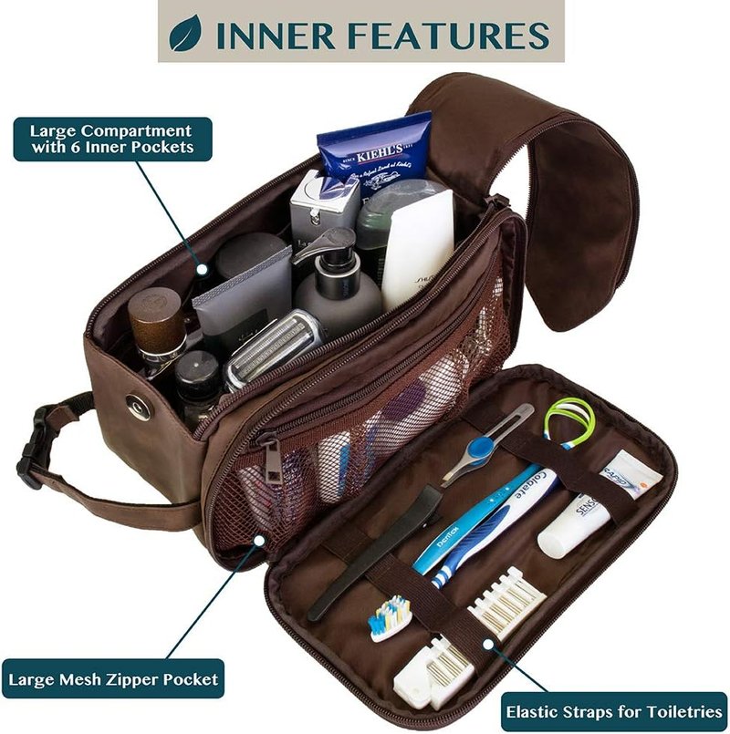 Toiletry Bag for Men - Travel Dopp Kit Organizer | Water-Resistant PU Leather | Dark Brown