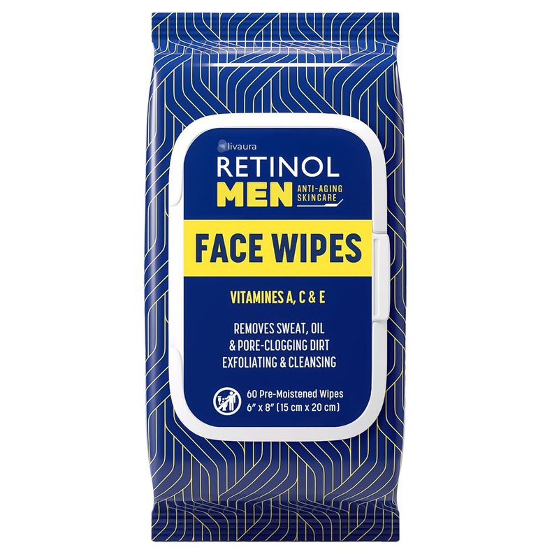 Retinol Men's Face Wipes - Micellar Cleansing Wipes for Sweat, Oil & Dirt Removal | 60 Count, Alcohol-Free, Travel Size