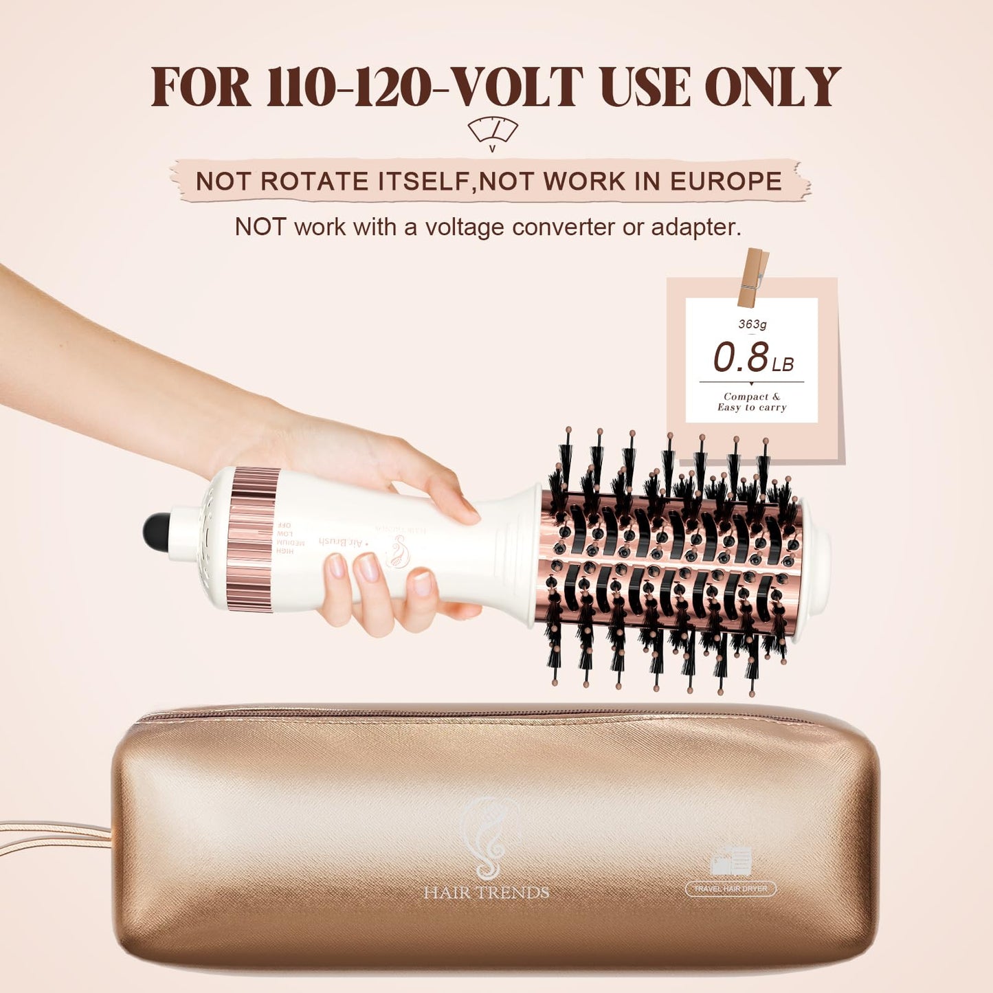 Hair Trends Travel Hair Dryer Brush, Nano Titanium 2 Inch One Step Hair Dryer & Styler Volumizer, Mini Oval Hot Air Brush, White and Rose Gold, HB004