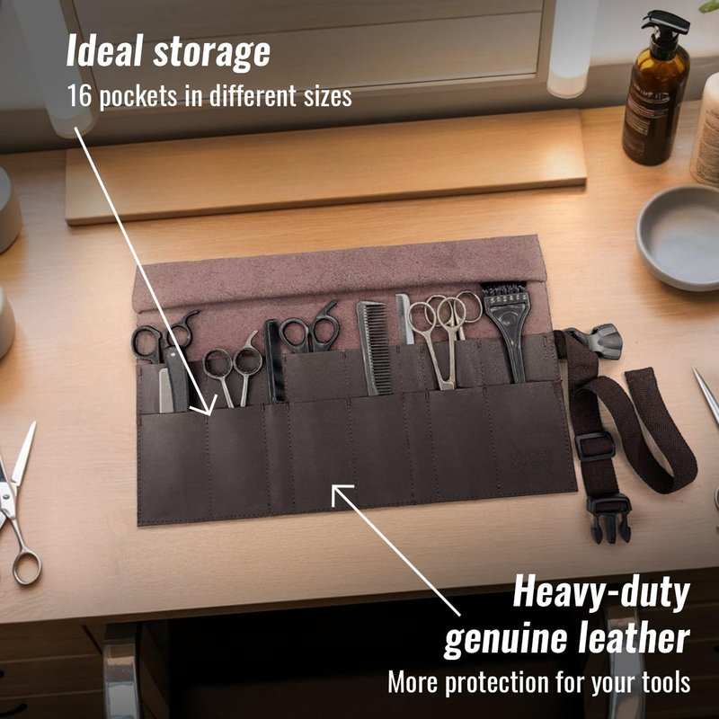 Under NY Sky Salon Scissors Roll Up Holder – Professional PU Leather Pouch Case for Hair Stylists, Barbers & Hairdressers – Portable Storage Organizer for Hair Cutting Shears & Salon Tools - Brown