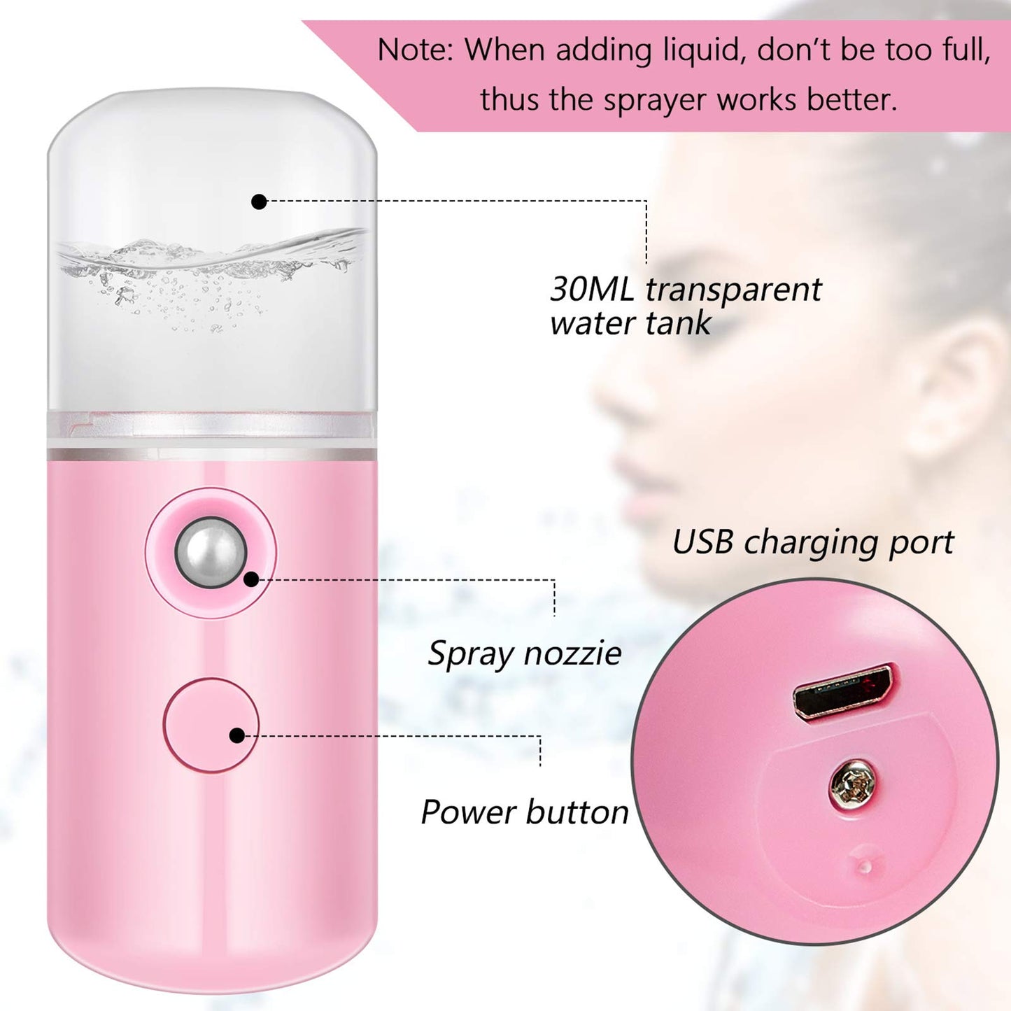 Mudder 8 Pieces Nano Facial Mister Face Sprayer Portable Handheld Humidifier Atomization USB Rechargeable 30 ml Face Steamer for Skin Care Eyelash Extensions Daily Makeup