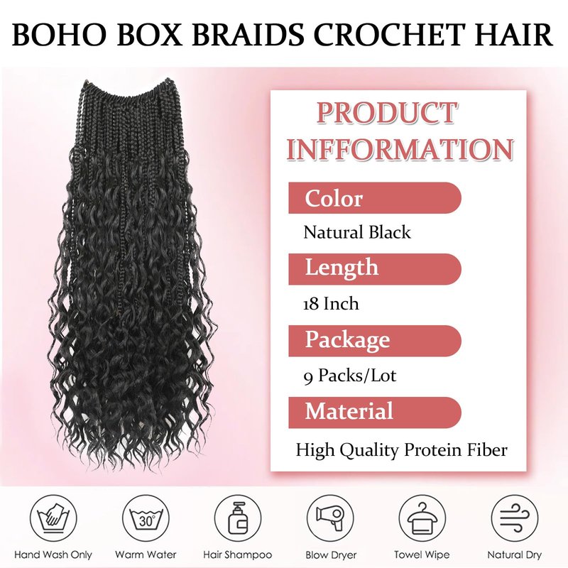 9 Packs Boho Box Braids Crochet Hair 18 Inch Pure Protein Fiber Similar to Human Hair Goddess Box Braids Crochet Hair With Curly Ends Pre Looped Bohemian Braid Hair Extension For Women(18 Inch,1B#)