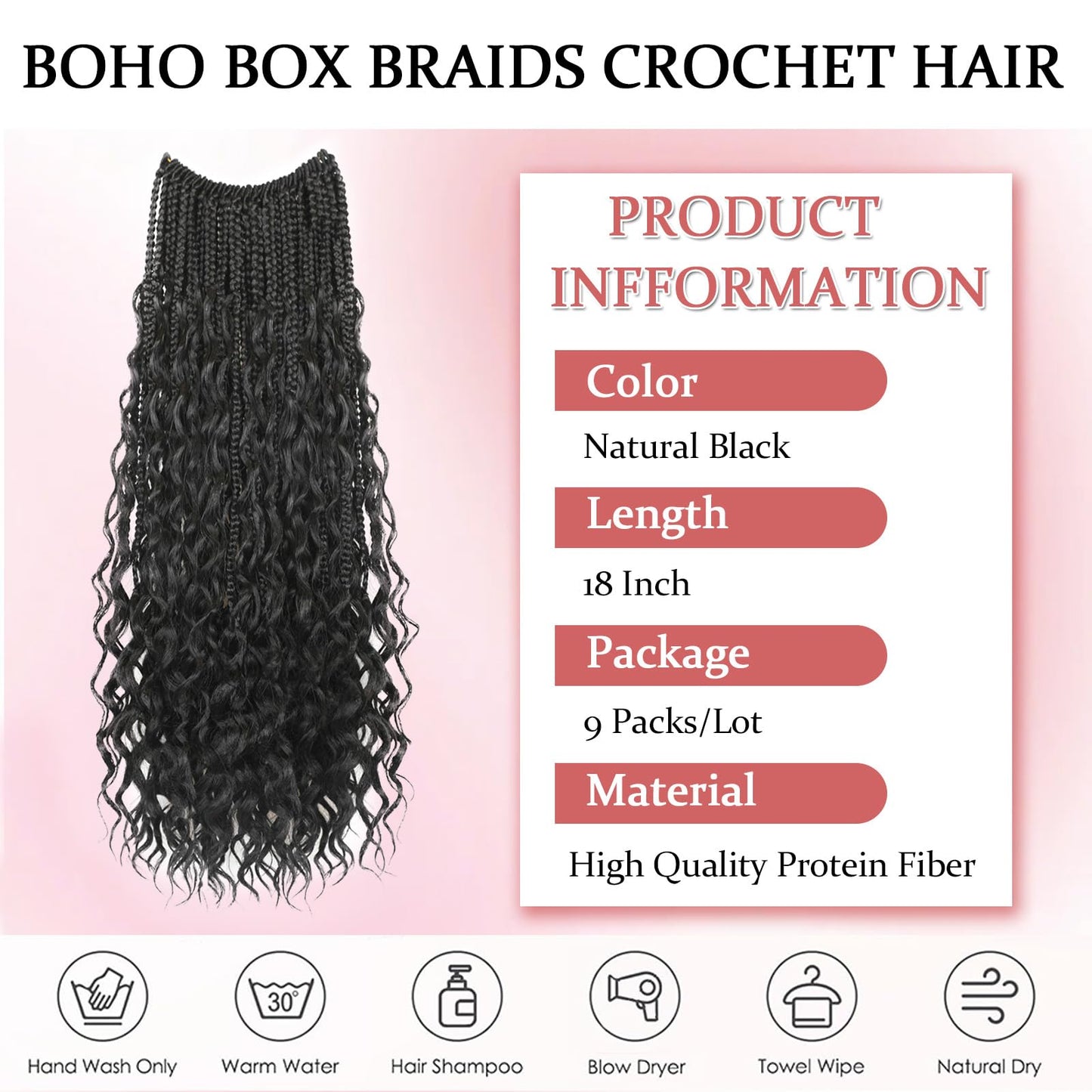 9 Packs Boho Box Braids Crochet Hair 18 Inch Pure Protein Fiber Similar to Human Hair Goddess Box Braids Crochet Hair With Curly Ends Pre Looped Bohemian Braid Hair Extension For Women(18 Inch,1B#)
