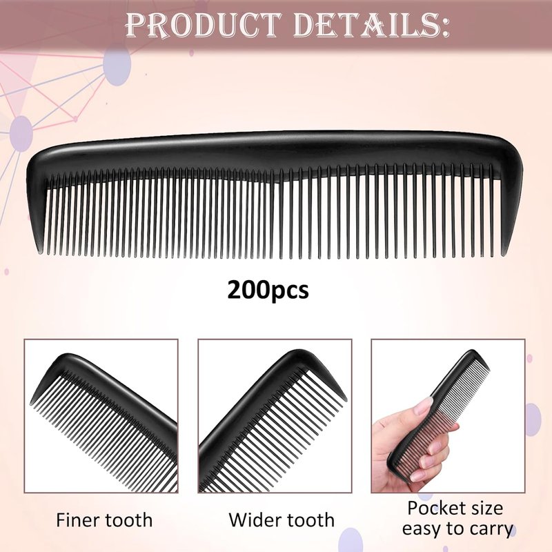 Hair Combs Bulk - 200 Individually Wrapped Pocket Styling Combs | Travel-Friendly Black 5-Inch Beard & Hair Combs for Women & Men
