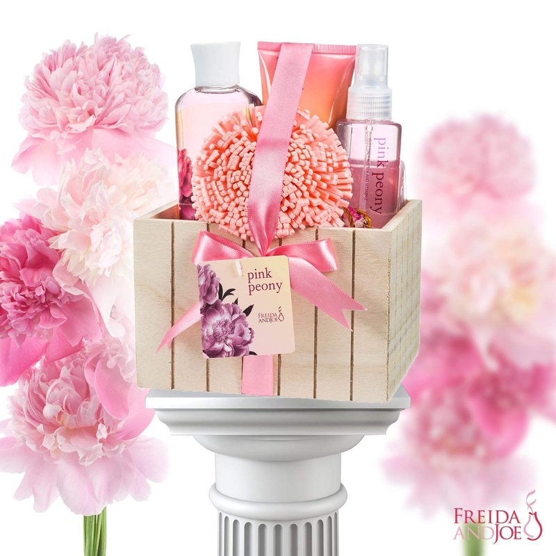 Pink Peony Bathroom Bath Set for Women, Complete Skincare Products in a Natural Wood Plant Box, Body Lotion, Shower Gel, Bubble Bath, Body Spray, Puff Gift – Mother's Day Gift for Mom