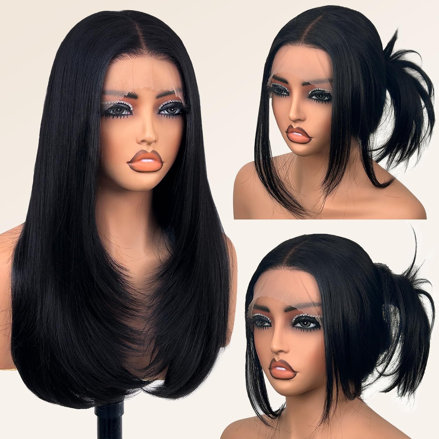 Su Mei.s Glueless Synthetic Lace Front Wig 26 Inches Long Straight Black Wigs for Black Women 13x5x1 HD Lace Hand Tied Pre Plucked Hairline (#1B Natural Black, 26 Inch)