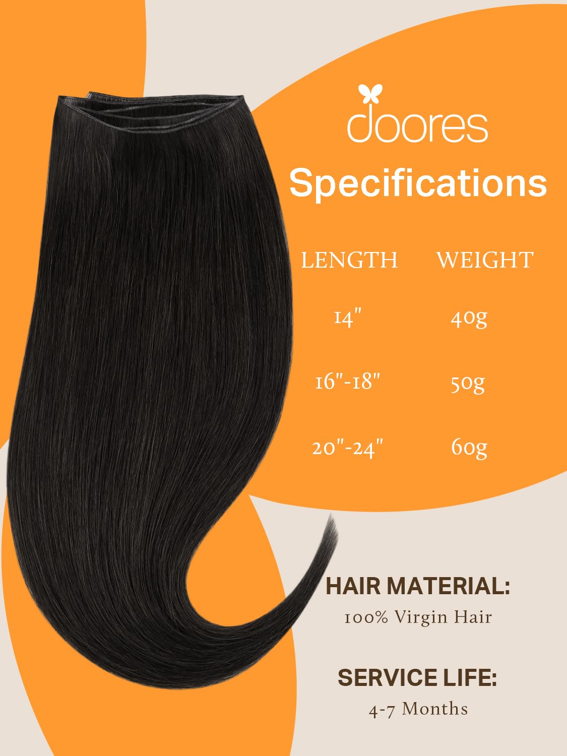 DOORES Genius Sew in Hair Extensions Virgin Hair Bundles, 18 Inch Natural Black 50g, Natural Sew in Weft Extensions