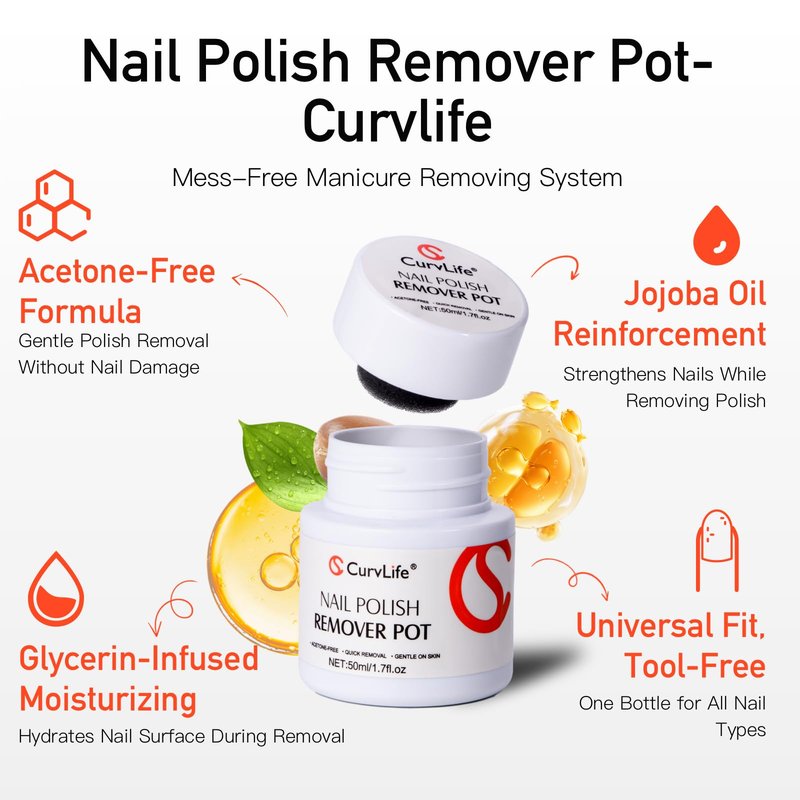Curvlife Acetone-Free Nail Polish Remover Pot, Quick Removal & Gentle on Skin, Jojoba Oil & Sponge Applicator for Home Salon, 50ml/1.7 fl oz Nail Care