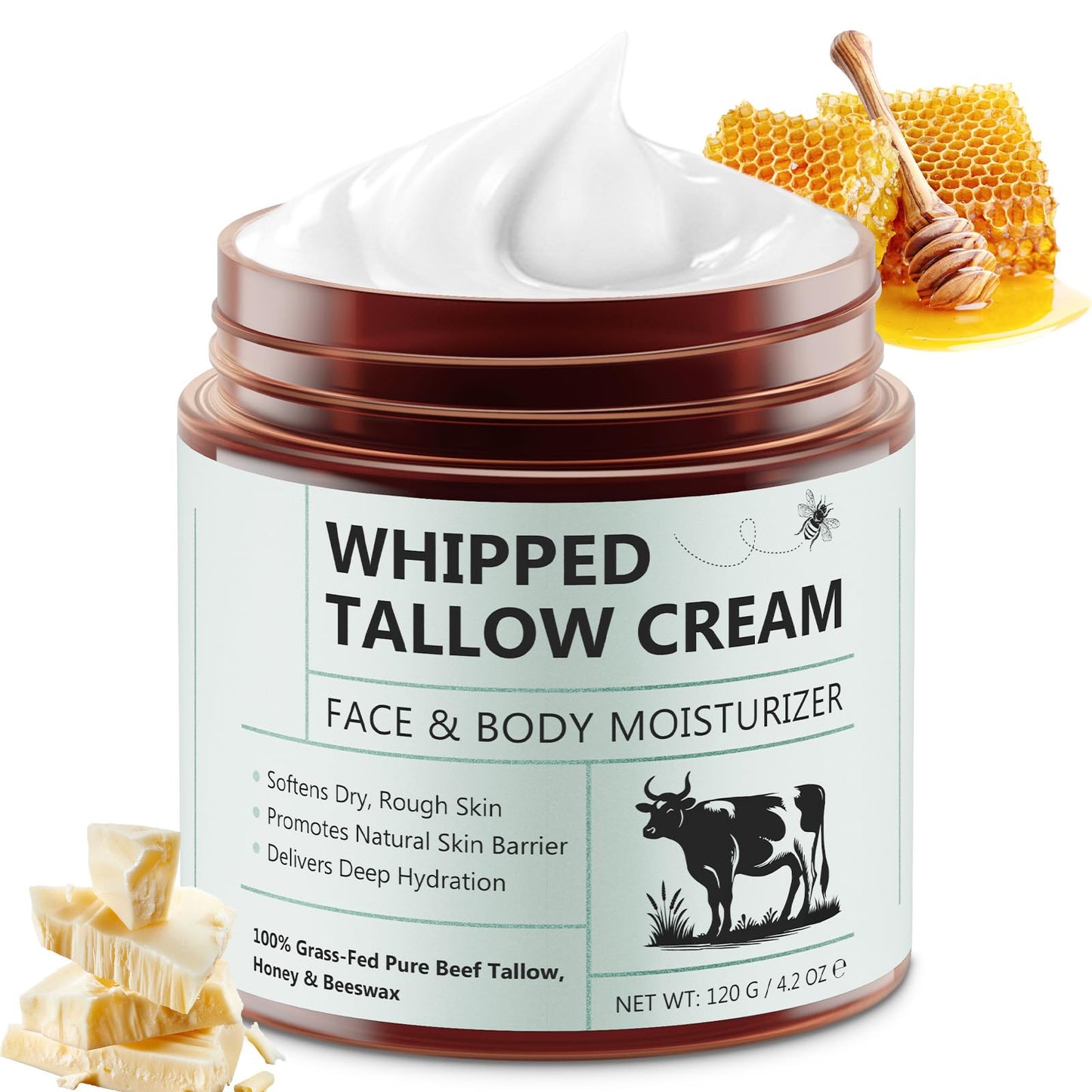 Liefiet Beef Tallow for Skin, Tallow and Honey Balm 4.2oz, Moisturizer Face and Body, 100% Grass Fed Whipped Beef Honey Cream (2Pack)