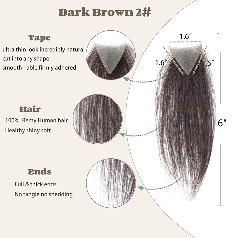 Human Hair Toupee for Hair Loss - Triangle Hair Patch for Men & Women | Dark Brown, 1.6" x 1.6" x 1.6" (2 Pcs)